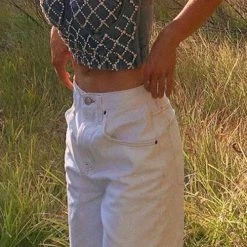 Levency Rhinestone Elastic Denim Top New In