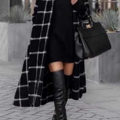 Levency New In Pockets Plaid Long Hoodie Coat