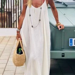 Levency New In Linen Solid Pockets Slip Maxi Dress