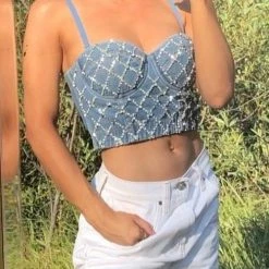 Levency Rhinestone Elastic Denim Top New In