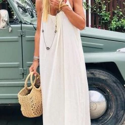 Levency New In Linen Solid Pockets Slip Maxi Dress