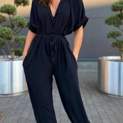Levency Button Pockets Drawsting Jumpsuit