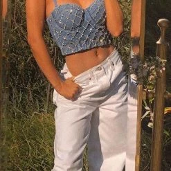 Levency Rhinestone Elastic Denim Top New In