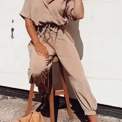 Levency Button Pockets Drawsting Jumpsuit