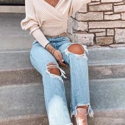 Levency V Neck Backless Crop Sweater