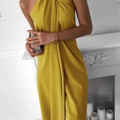 Levency Solid Halter Neck Sleeveless Mini Dress