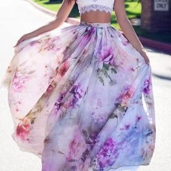 Levency New In Floral Print Chiffon Maxi Skirts