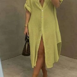 Levency Solid Color Round Neck Button Up Dress New In