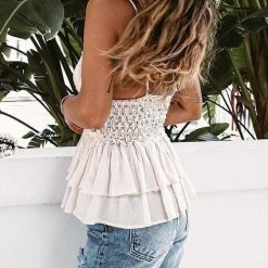 Levency Crochet Lace Hollow Layer Ruffles Cami Top