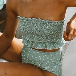 Levency New In Floral Print Ruffles Strapless Bikini Set