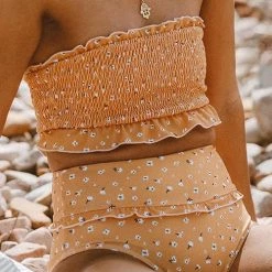 Levency New In Floral Print Ruffles Strapless Bikini Set