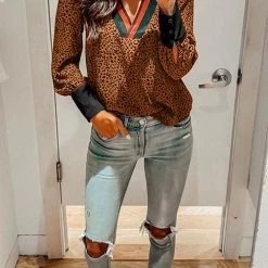 Levency Leopard Patcwork V Necl Cuff Blouse New In