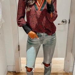 Levency Leopard Patcwork V Necl Cuff Blouse New In