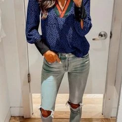 Levency Leopard Patcwork V Necl Cuff Blouse New In