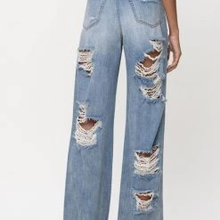Levency Denim Hole Distressed Wide Leg Tassel Jeans