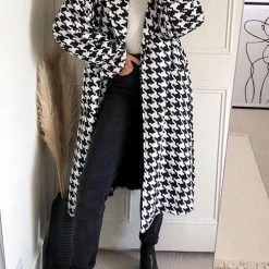 Levency New In Houndstooth Lapel Woolen Coat