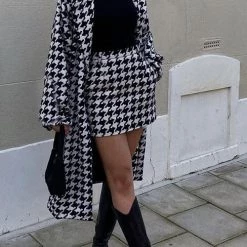 Levency New In Houndstooth Lapel Woolen Coat