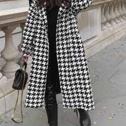 Levency New In Houndstooth Lapel Woolen Coat