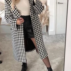 Levency New In Houndstooth Lapel Woolen Coat