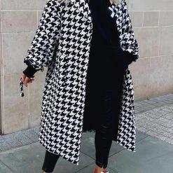 Levency New In Houndstooth Lapel Woolen Coat