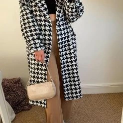 Levency New In Houndstooth Lapel Woolen Coat