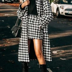 Levency New In Houndstooth Lapel Woolen Coat