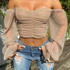 Levency Mesh Puff Sleeve Crop Top