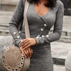 Levency Button V Neck Sweater Bodycon Dress New In