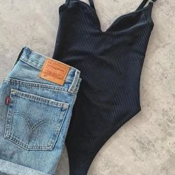 Levency Solid V Neck Slip One Piece Swimwear