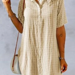 Levency Plaid Button Half Sleeve Mini Dress