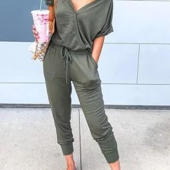 Levency V Neck Drawstring Pockets Jumpsuits