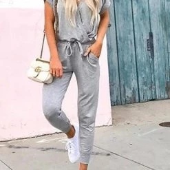 Levency V Neck Drawstring Pockets Jumpsuits