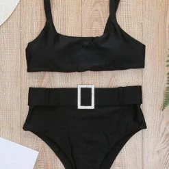 Levency New In Solid High Waist Bikini Set With Belt