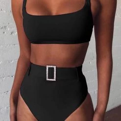 Levency New In Solid High Waist Bikini Set With Belt