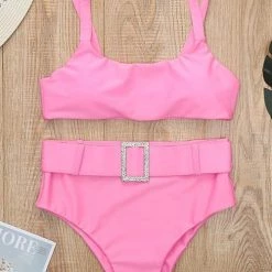 Levency New In Solid High Waist Bikini Set With Belt