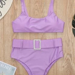 Levency New In Solid High Waist Bikini Set With Belt