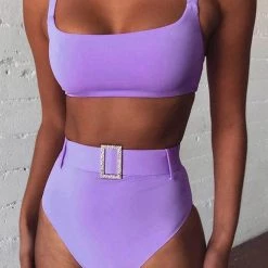 Levency New In Solid High Waist Bikini Set With Belt