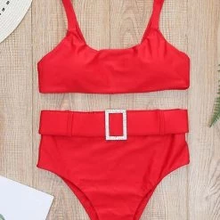 Levency New In Solid High Waist Bikini Set With Belt