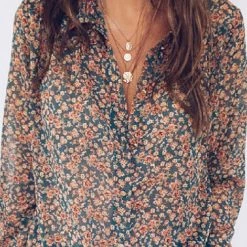 Levency Print Button Long Sleeve Blouse