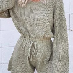Levency O Neck Puff Long Drawstring Sweater Romper