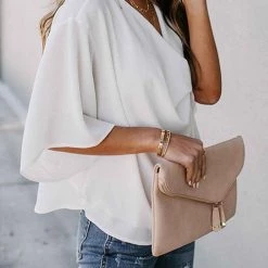 Levency New In Drape V Neck Bell Sleeve Blouse
