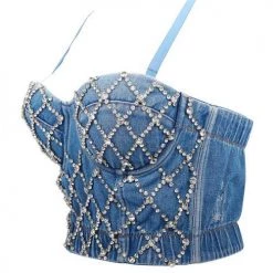 Levency Rhinestone Elastic Denim Top New In