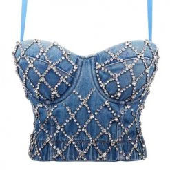 Levency Rhinestone Elastic Denim Top New In
