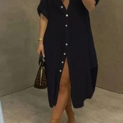 Levency Solid Color Round Neck Button Up Dress New In