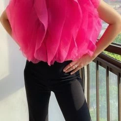Levency New In Ruffled Feathers Sleeveless Tulle Top