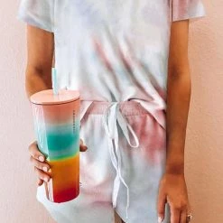 Levency Print Short Sleeve Drawstring Short Set New In