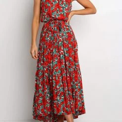 Levency New In Print Belted Sleevelss Maxi Dress