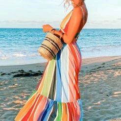 Levency New In Rainbow Stripe Backless Slip Maxi Dress