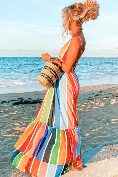 Levency New In Rainbow Stripe Backless Slip Maxi Dress 1 Levency New In Rainbow Stripe Backless Slip Maxi Dress