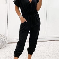 Levency V Neck Drawstring Pockets Jumpsuits